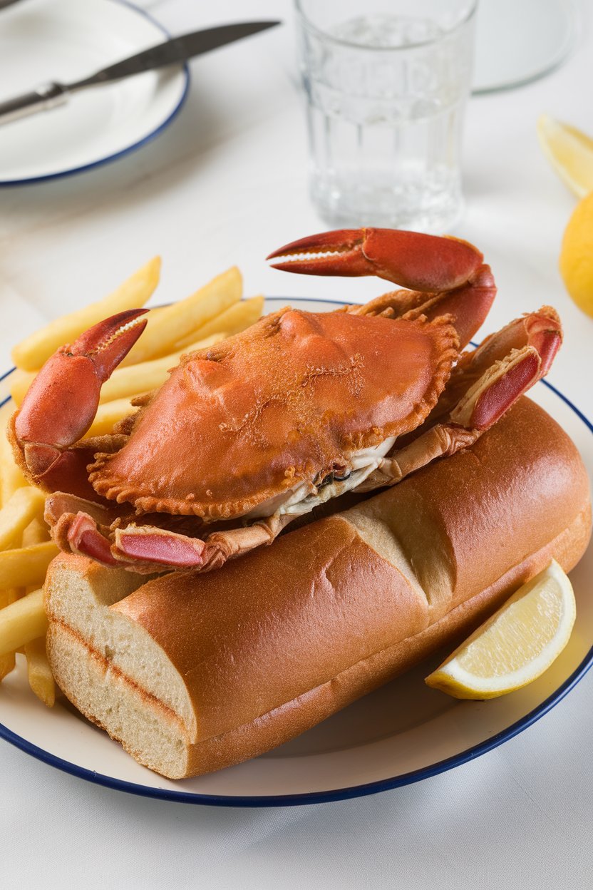 An indoor seafood restaurant table with a whole fried soft-shell crab po-boy, claws peeking out of the bread. No text or logos. Photo.
