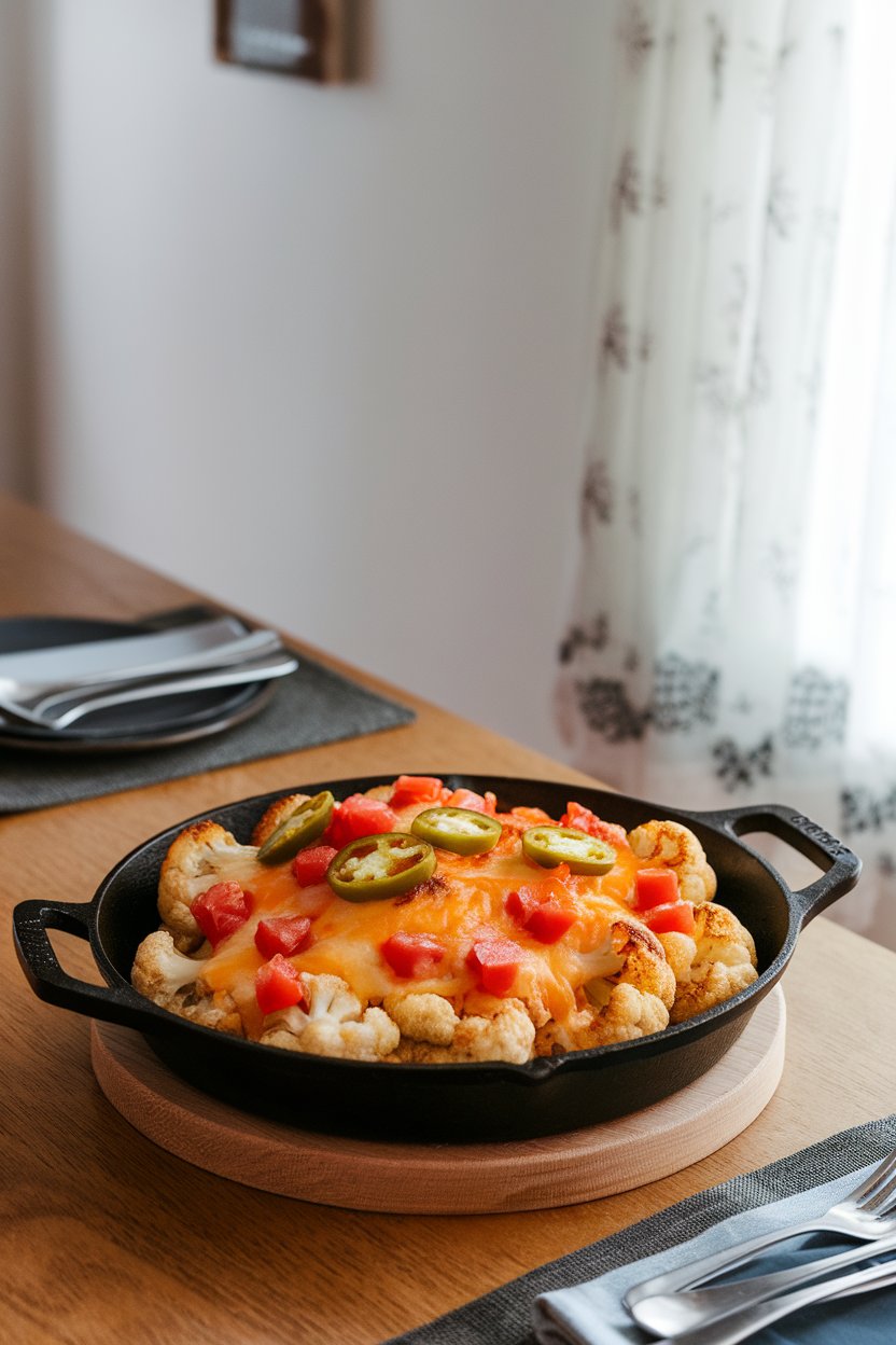 An indoor dining table with a cast-iron skillet of roasted cauliflower florets covered in melted cheese, jalapeño slices, and diced tomatoes; no text or logos anywhere.
