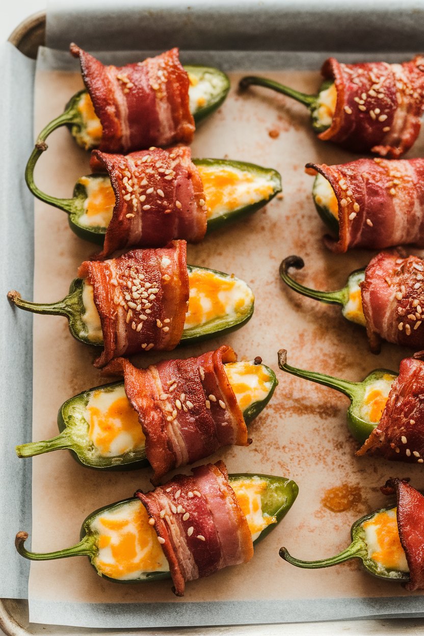Indoor photo of halved jalapeños stuffed with cheese and wrapped in crispy bacon on a parchment-lined tray; no text or logos.