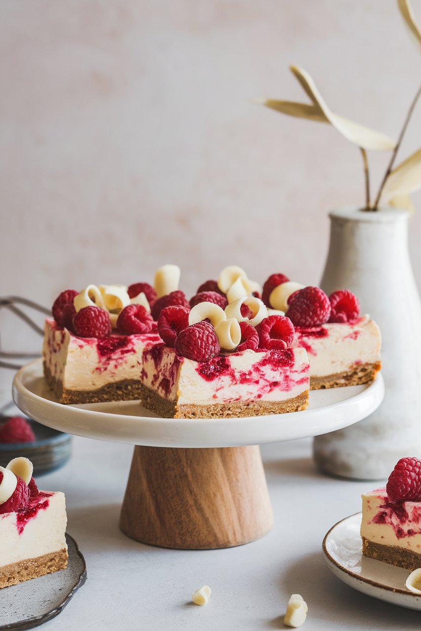 Cheesecake bars swirled with raspberry purée and topped with white chocolate curls, arranged on an indoor dessert platter. No branding.