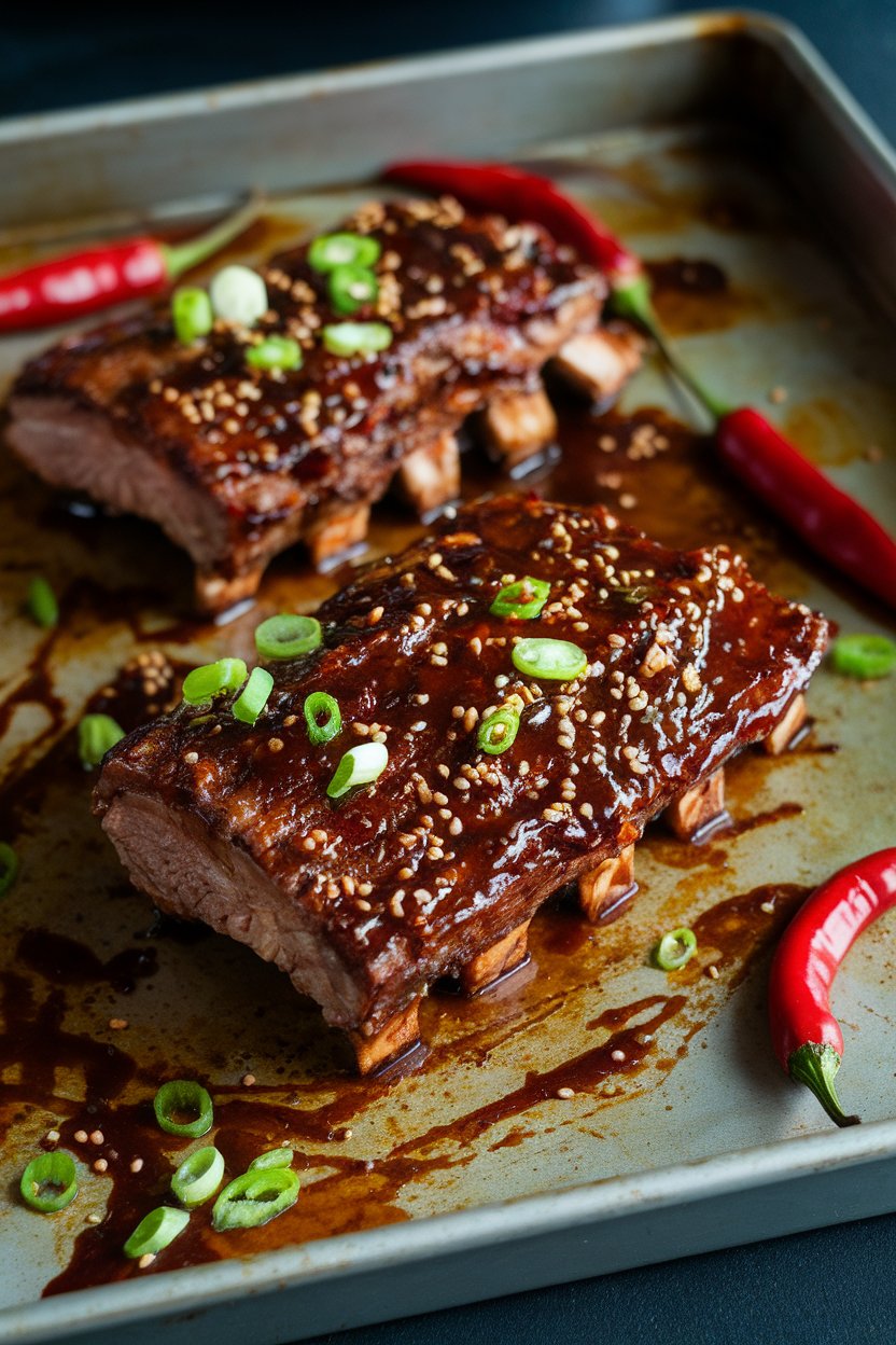 Indoor photo of short ribs coated in dark chili sauce, red chiles and green scallions scattered; no text or logos