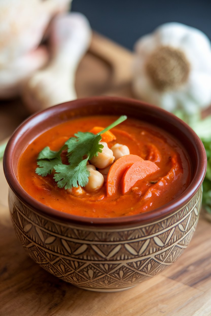 Indoor photo of a spiced tomato-red soup with chickpeas, carrot coins, and fresh cilantro in a patterned bowl. No logos or text.