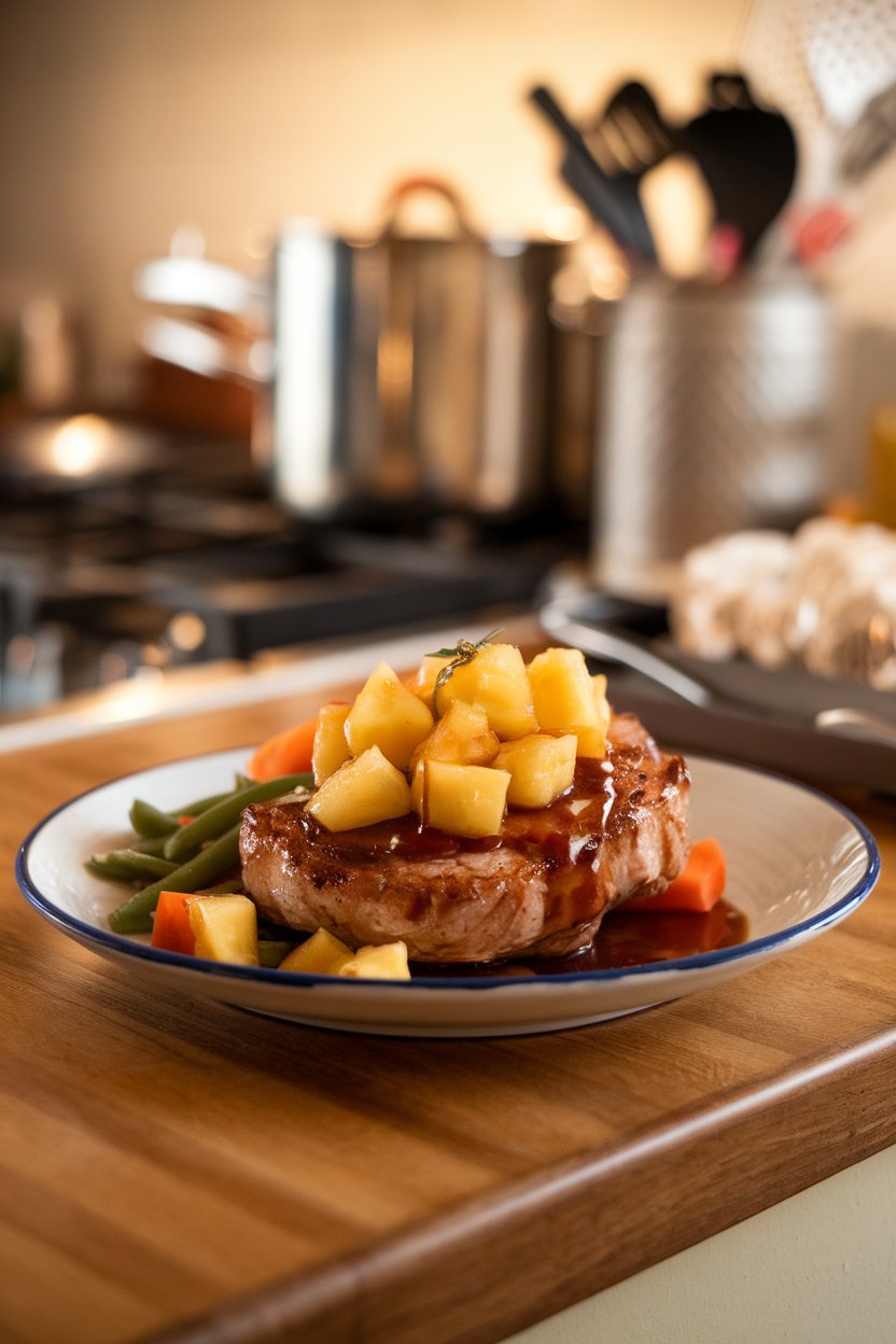 Indoor kitchen island featuring pork chops topped with diced cooked pineapple and glossy teriyaki sauce, no text or logos.