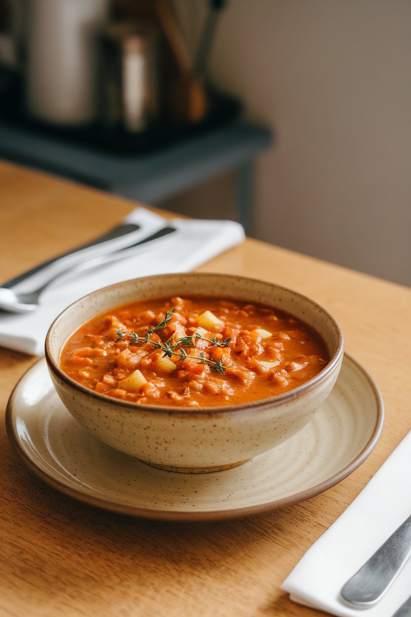 An indoor dining table showing a bowl of pork chili with visible apple bits and a light amber broth, sprinkled with thyme. No text or logos present.