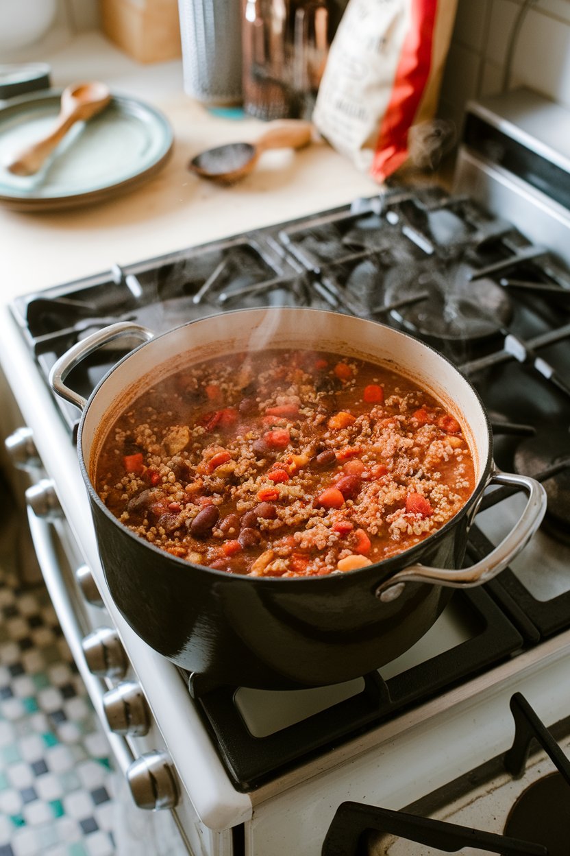 Indoor stovetop scene with a pot of thick turkey chili studded with quinoa, kidney beans, and diced peppers, steam rising. No logos or text visible.