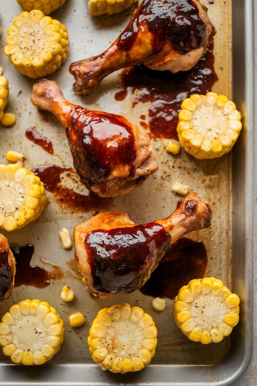 Indoor photo of roasted chicken drumsticks brushed with dark barbecue glaze, corn cob rounds scattered around on the sheet pan, ranch-seasoned flecks visible. No text or logos.