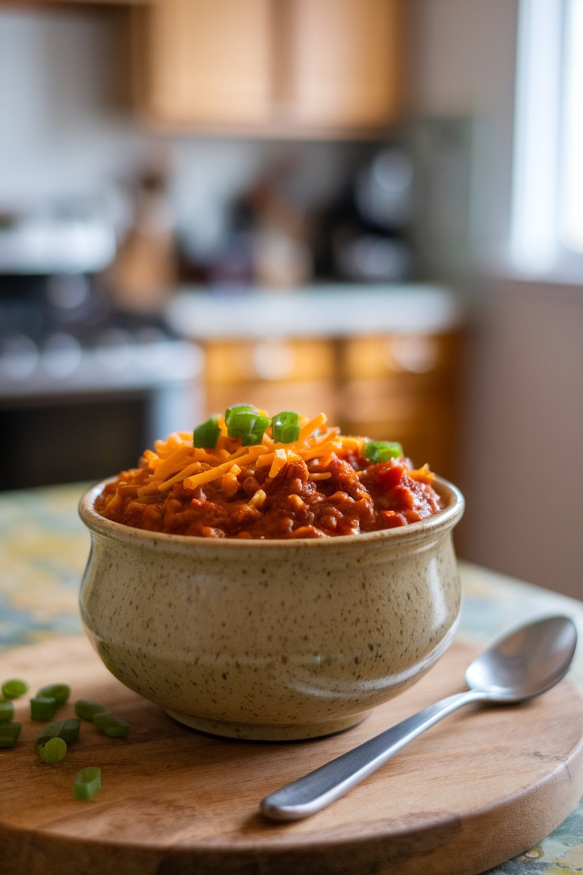 Indoor photo of a ceramic bowl filled with chunky beef chili, topped with shredded cheddar and green onions; no text or logos.