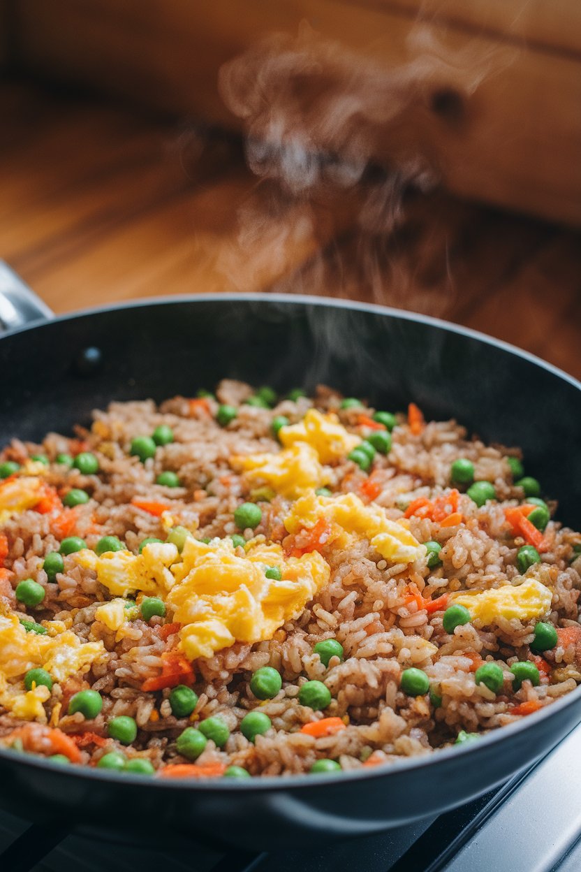 A non-stick skillet indoors containing colorful fried brown rice with peas, carrots, and scrambled egg, steam drifting upward. No text or logos present; photo only.