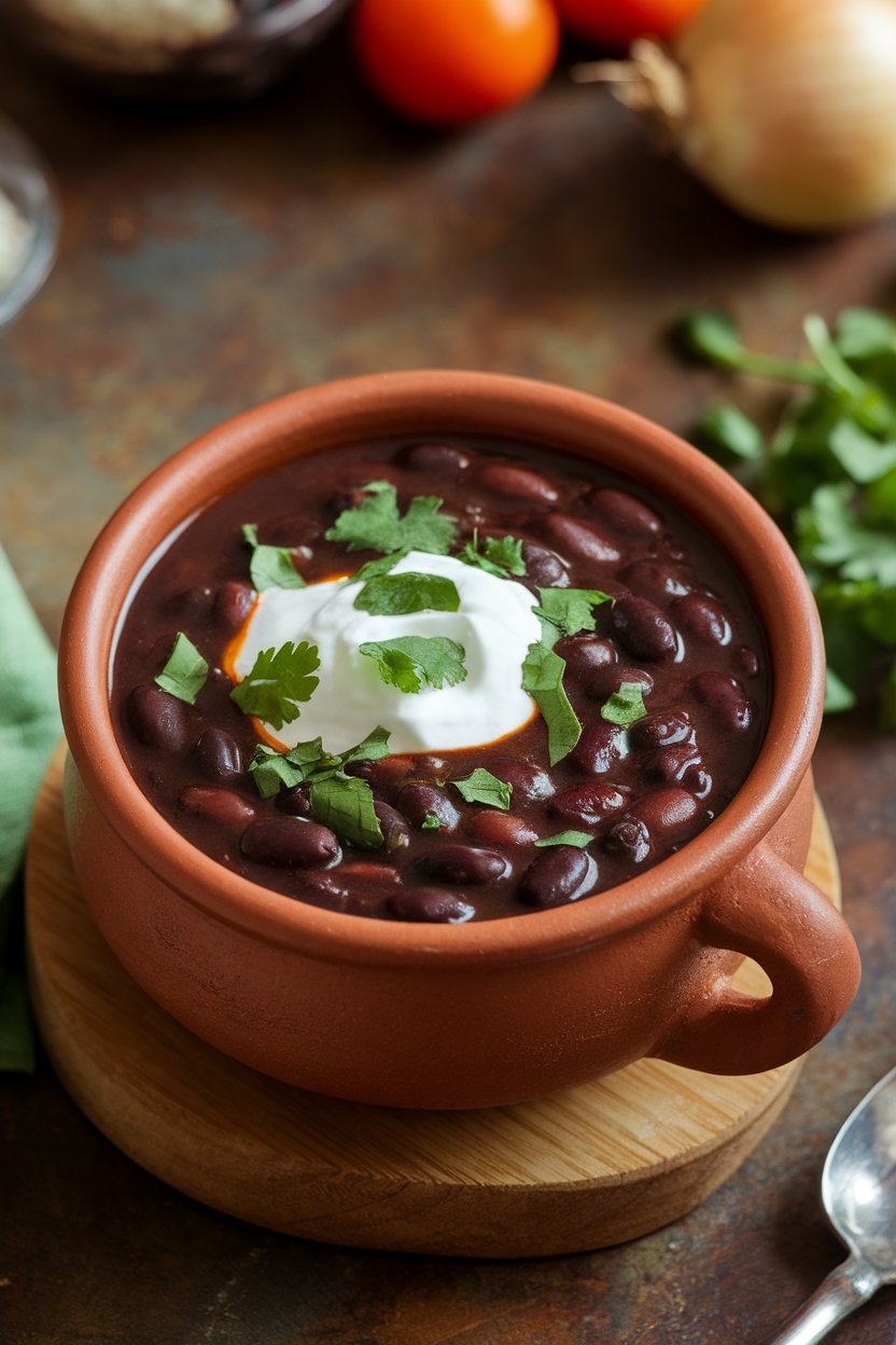 Indoor photo of a thick black bean soup in a clay bowl, topped with a dollop of sour cream and chopped cilantro; no text or logos visible.