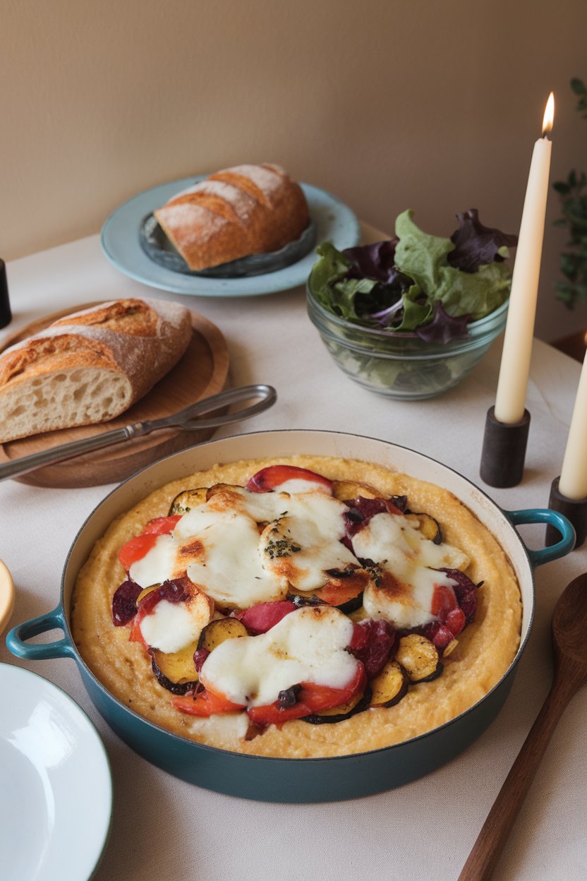 Indoor dinner table displaying a casserole of creamy polenta topped with layers of roasted vegetables and melted mozzarella. No text or logos. Photo, not illustration.
