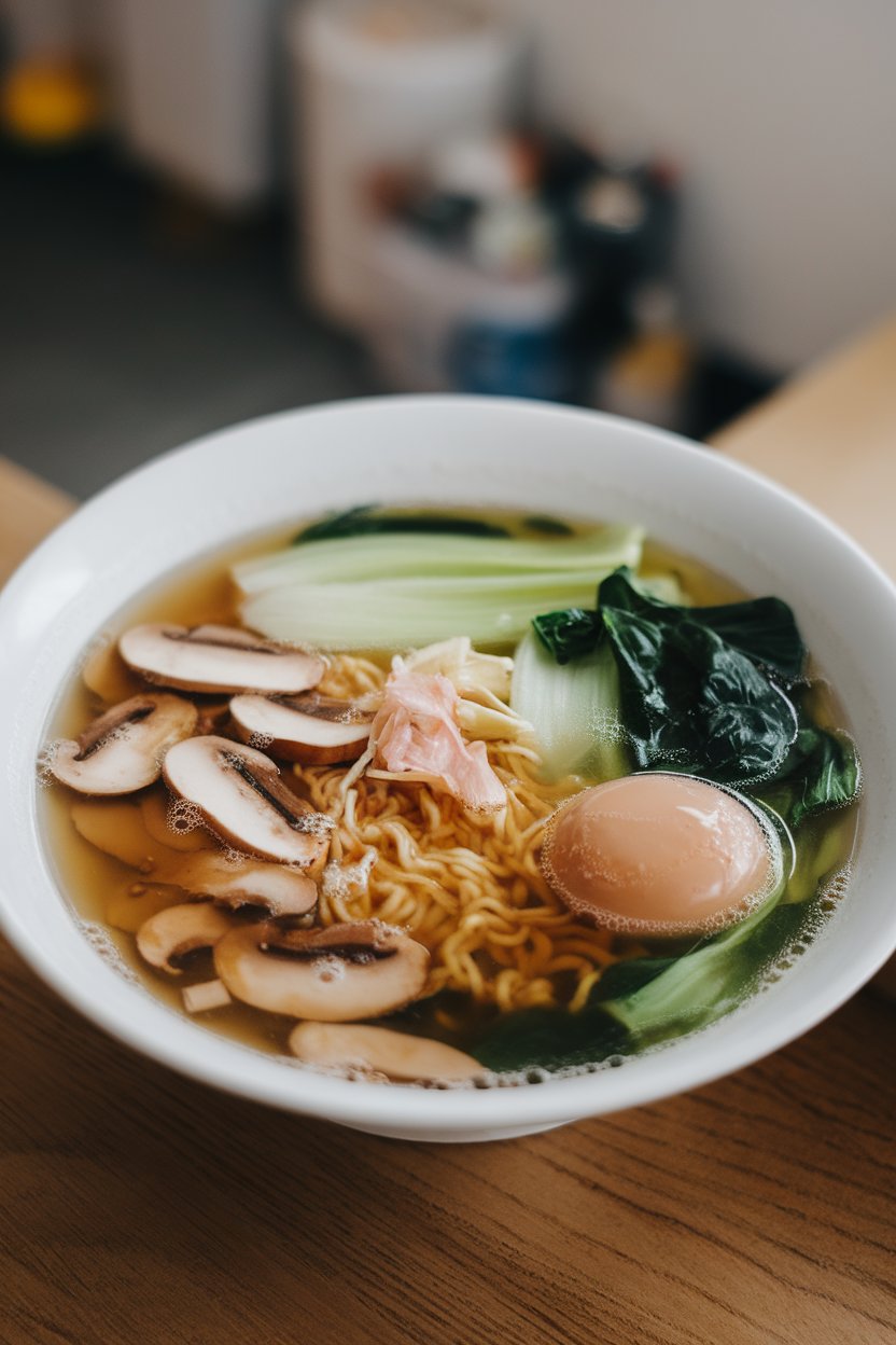 Indoor bowl of clear miso broth with sliced mushrooms, baby bok choy, and soft-boiled egg, ramen noodles peeking. No text or logos present.