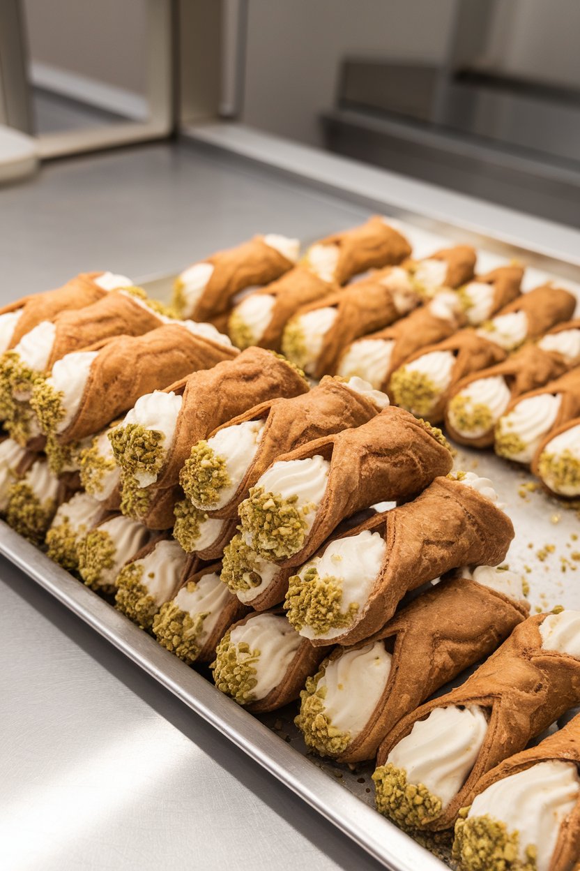 An indoor bakery counter showing cannoli shells filled with pistachio-studded ricotta cream, ends dipped in crushed nuts, no text or logos. Photo only.