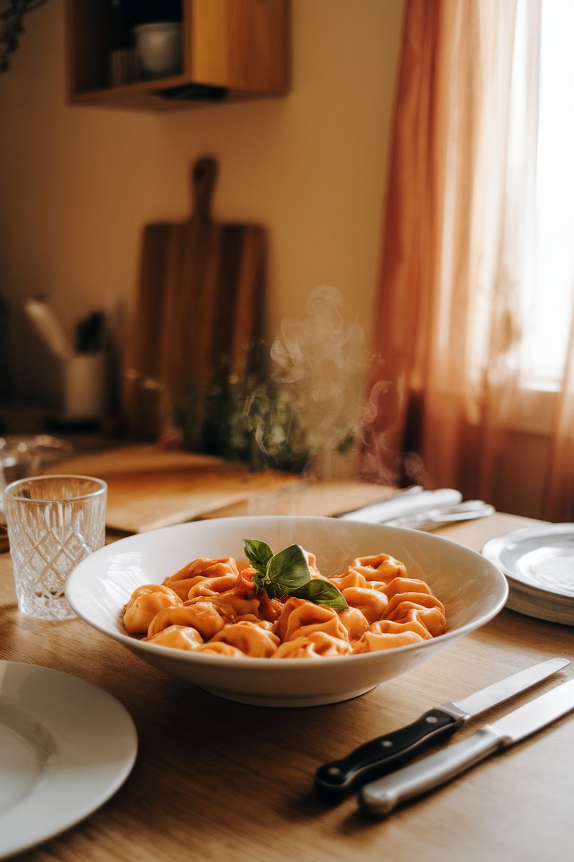 A warmly lit indoor kitchen table featuring a white bowl brimming with cheese tortellini coated in silky tomato-basil sauce, fresh basil leaves sprinkled on top, steam gently rising. No text or logos anywhere in the scene. Photo, not illustration.