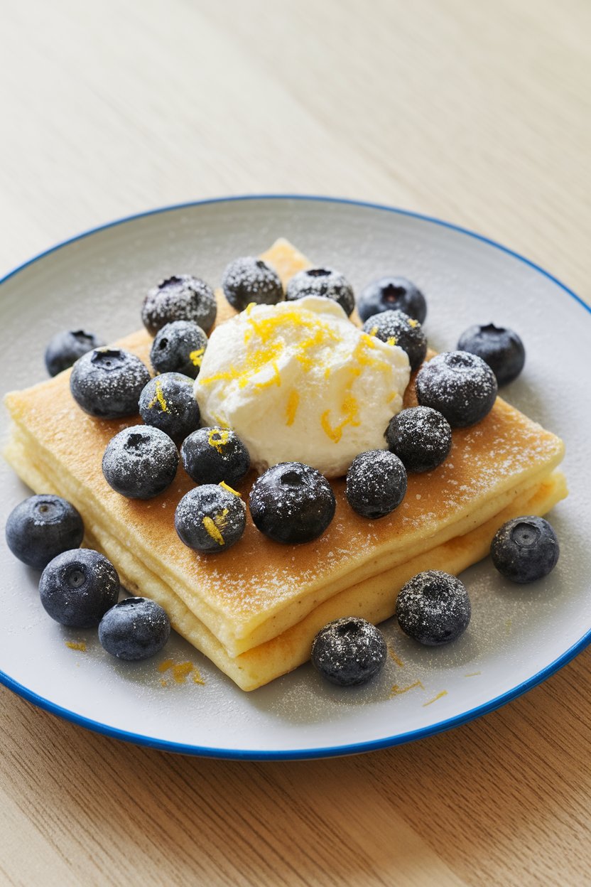 Pancake square with blueberries and a creamy ricotta dollop, lemon zest sprinkled, indoor bright light, no text or logos.