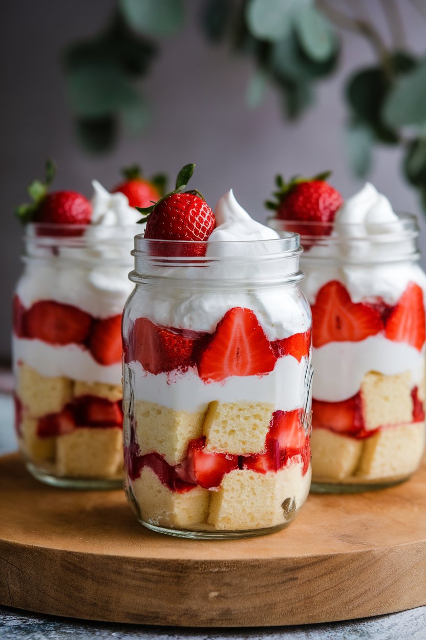 Individual indoor mason jars layered with cubes of pound cake, whipped cream, and macerated strawberries. No text or logos; photo, not illustration.