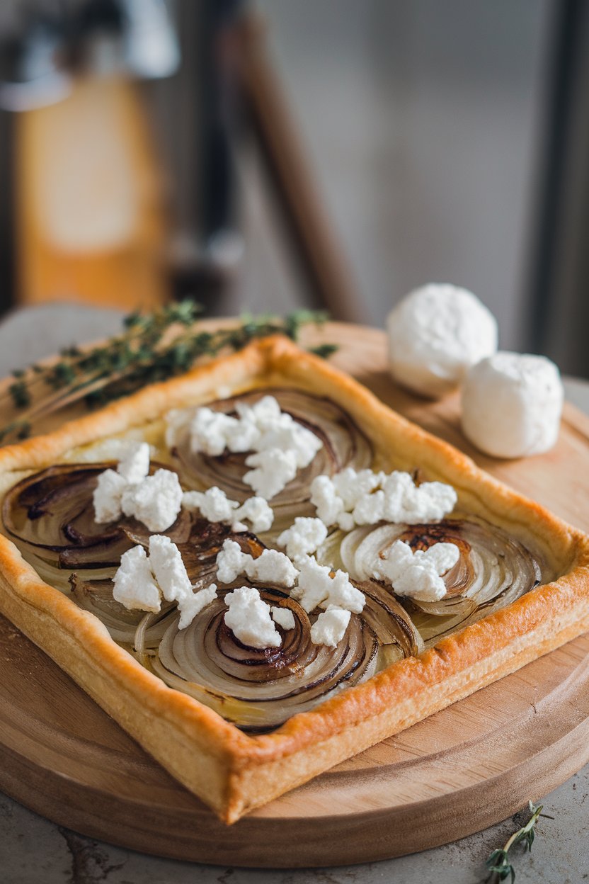 Indoor photo of a rectangular puff pastry tart topped with caramelized onions and crumbled goat cheese, golden edges visible, no text or logos