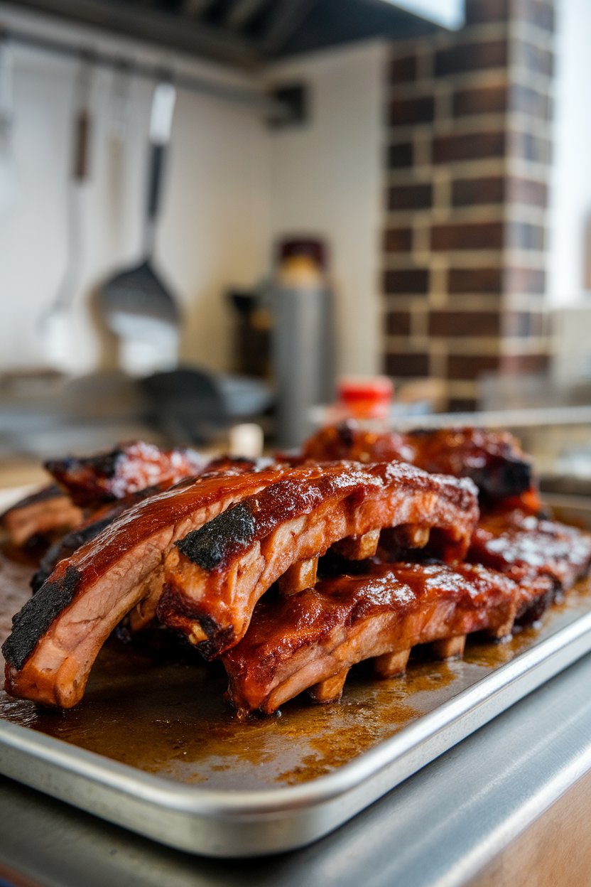 Photo of saucy cooked pork rib tips on a metal tray indoors, charred edges glistening, no text or logos