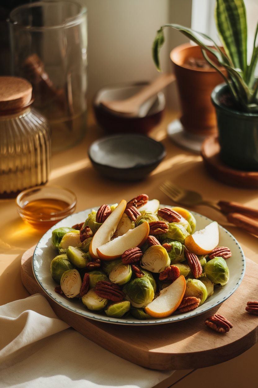 An indoor platter showing caramelized Brussels sprouts mixed with sliced fresh pear and toasted pecans. Warm afternoon light; no text or branding.