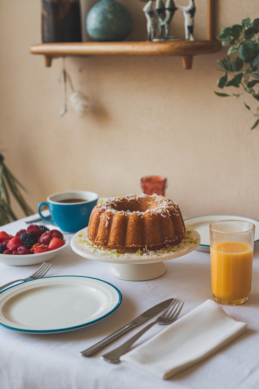 An indoor brunch table showcasing a glazed Bundt cake dusted with toasted coconut flakes and flecks of lime zest. No text or logos.
