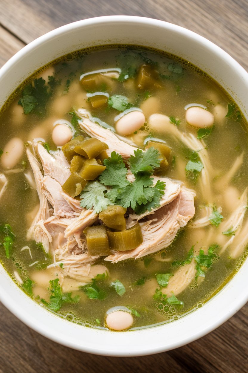 Indoor bowl of green chile chicken soup—shredded chicken, diced green chiles, white beans, and cilantro in pale green broth. No text or logos. Photo.