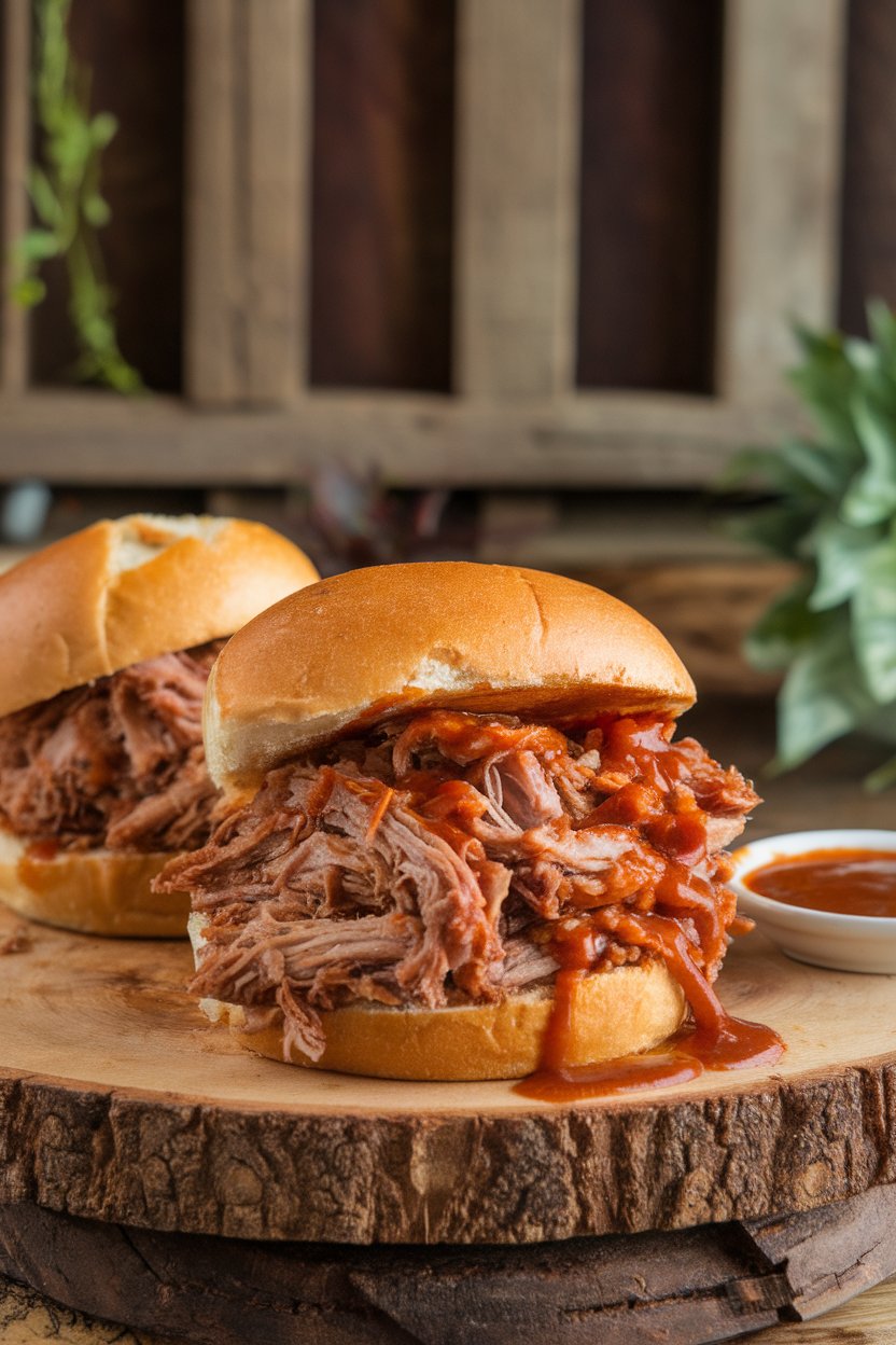 Indoor shot of a wooden board topped with saucy pulled pork piled on soft brioche buns, a small dish of extra barbecue sauce beside it. No text or logos.