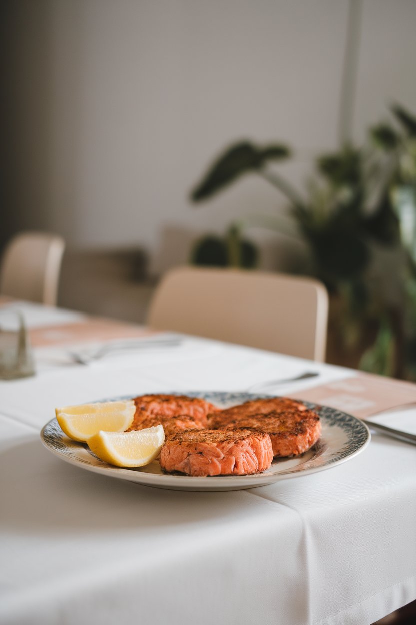 Indoor dining table displaying cooked salmon patties on a plate with lemon wedges. No text or logos.
