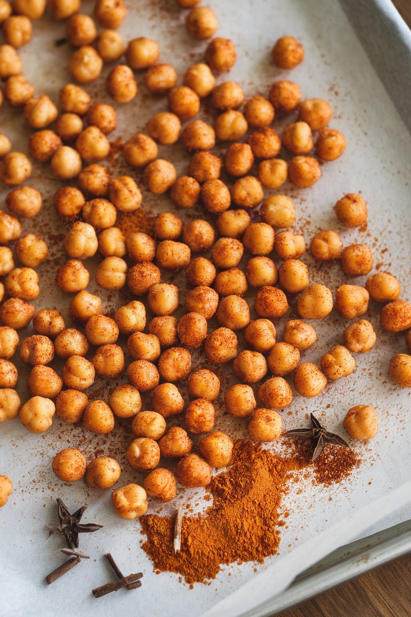 Indoor photo of a sheet pan of roasted chickpeas coated in reddish Cajun spices, cooling on parchment; no text or logos