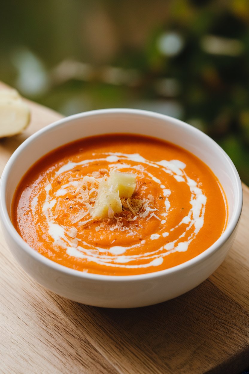 Indoor photo of a bright orange carrot soup with a drizzle of coconut milk and freshly grated ginger on top; no logos or text.