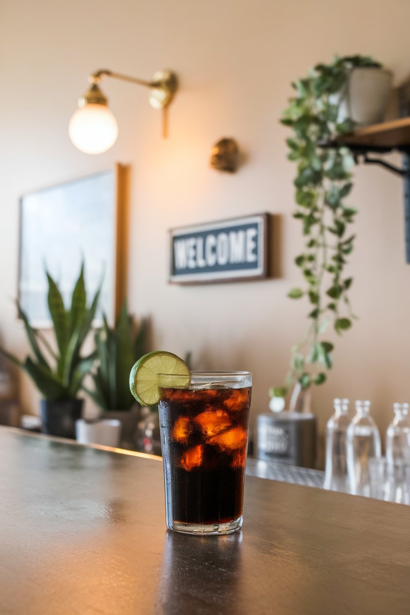 Indoor vintage bar top with highball of dark cola, lime wedge, no brand labels on glass or background.