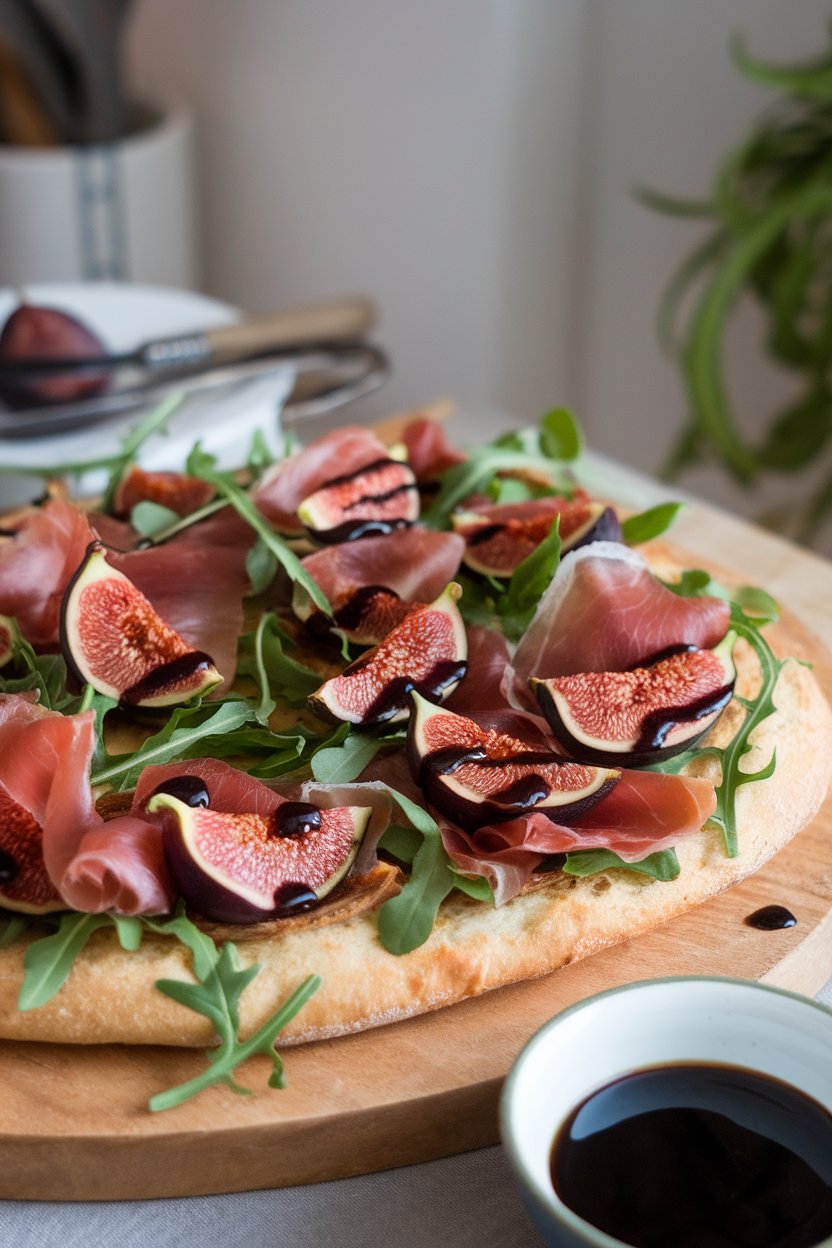 Indoor photo of cooked flatbread topped with prosciutto, sliced figs, arugula, and a drizzle of balsamic reduction, no text or logos