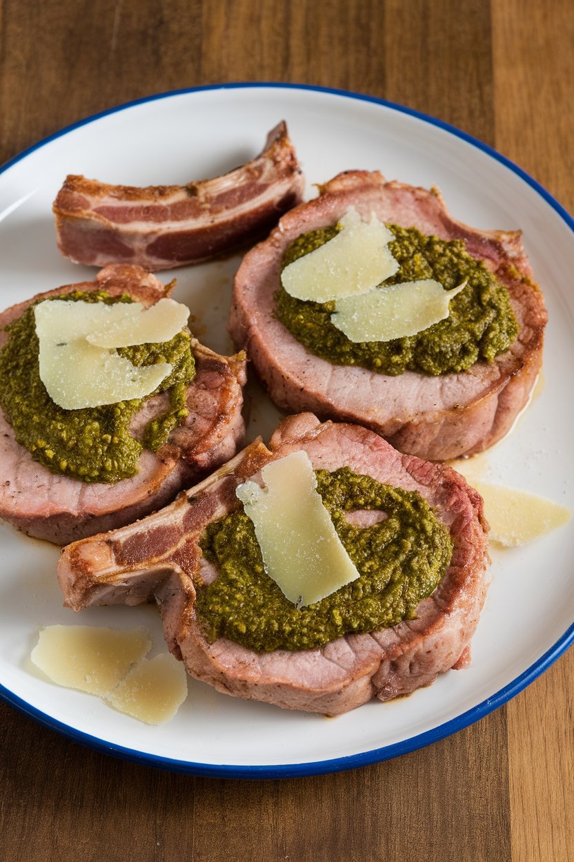 Plate of pork chops under basil pesto and shaved Parmesan, no text or logos.