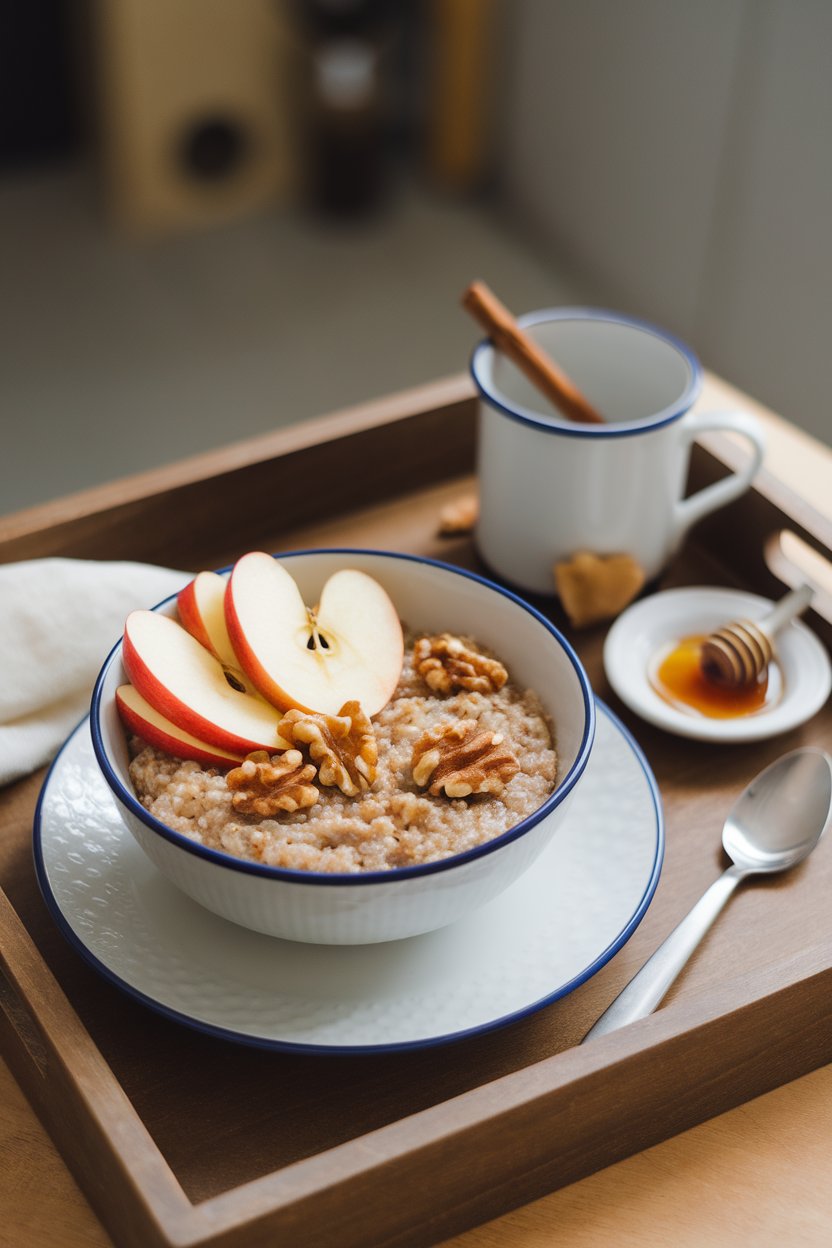 Indoor breakfast tray displaying a bowl of cinnamon quinoa porridge with apple slices and walnuts. No text or logos.