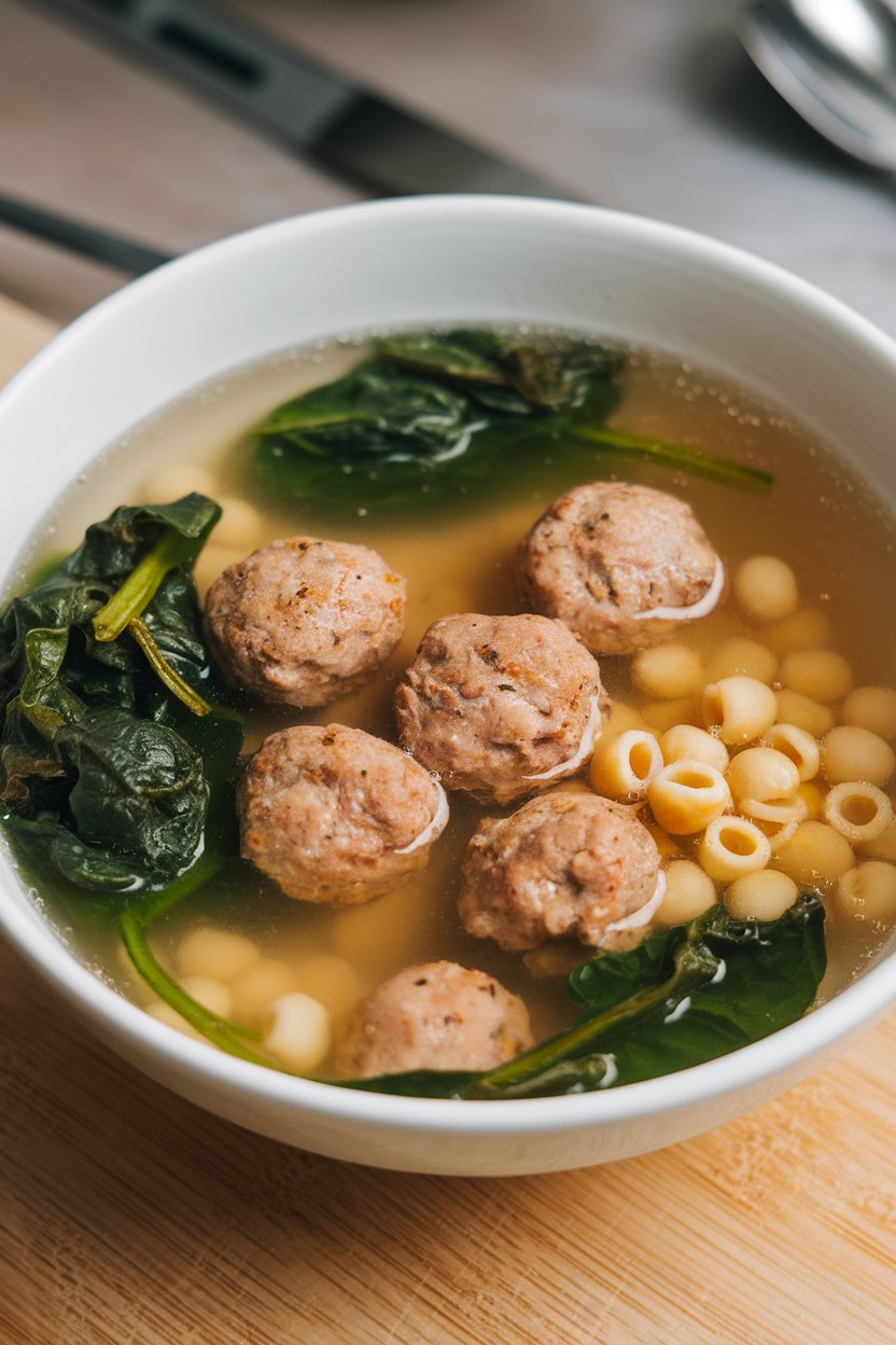 Indoor photo of clear chicken broth filled with tiny meatballs, wilted spinach, and small pasta pearls; no text or logos.