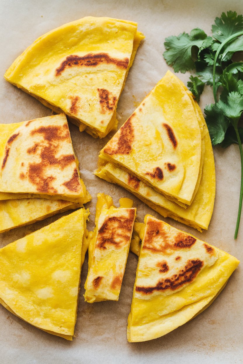 Indoor shot of yellow curry-chicken quesadilla pieces on parchment, no logos.