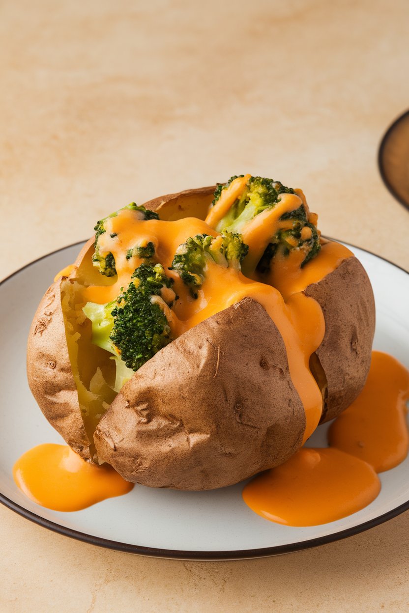 An indoor plate with a split baked potato overflowing with broccoli florets coated in cheddar cheese sauce. No text or logos. Photo.