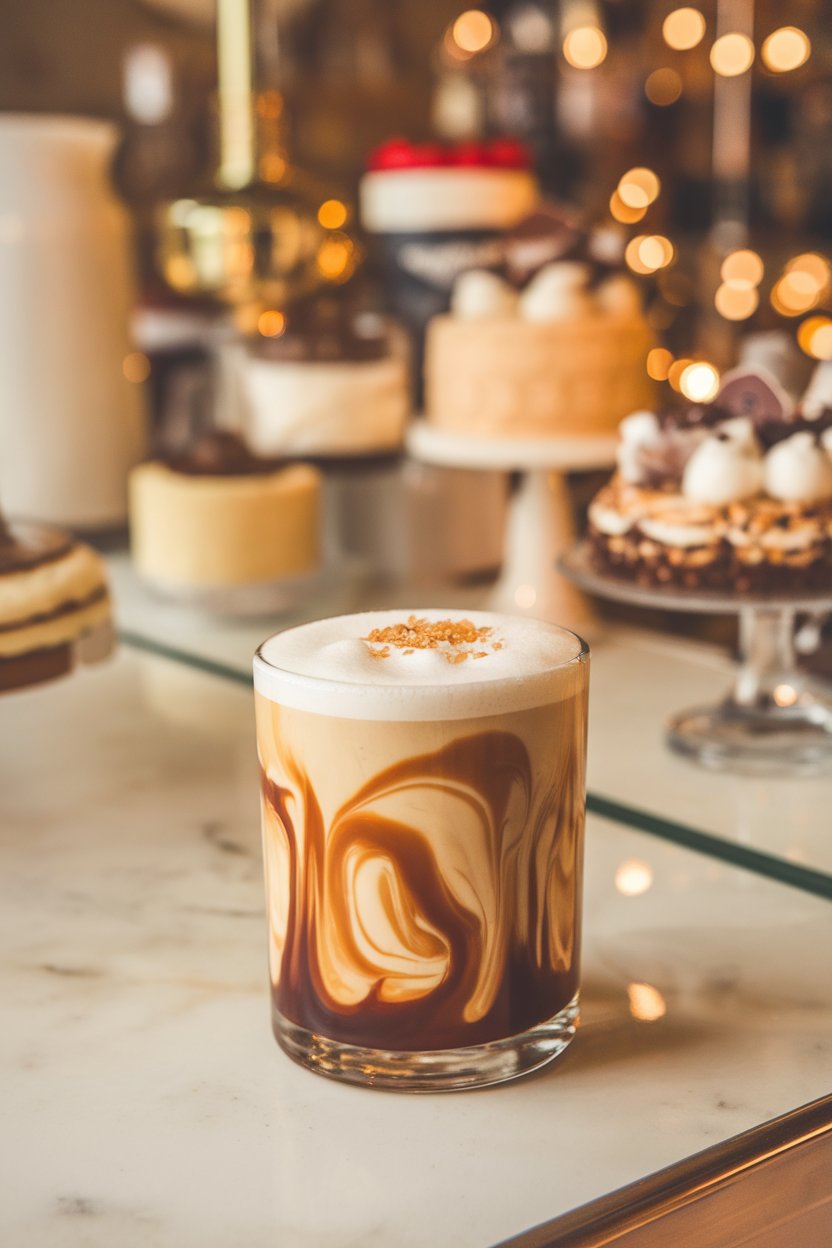 Photo of a tumbler indoors with layered coffee liqueur and creamy caramel swirl, flaky salt pinch on foam, dessert-bar lighting, no text or logos
