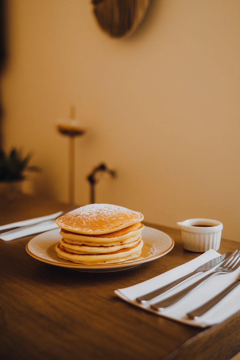 A warmly lit indoor table featuring a short stack of golden pancakes with a light dusting of powdered sugar and a side ramekin of maple syrup. No text or logos. Photo, not illustration.