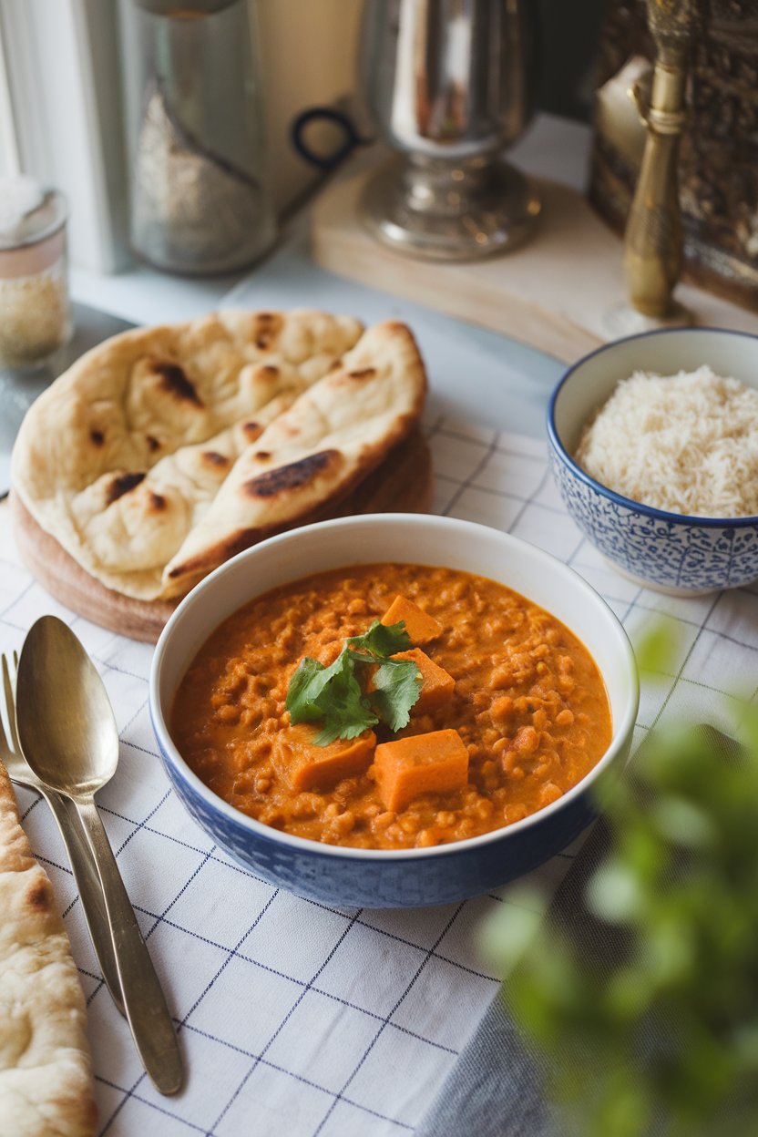 A cozy indoor dining table featuring a bowl of thick orange lentil curry with chunks of sweet potato, garnished with cilantro. No text or logos present.