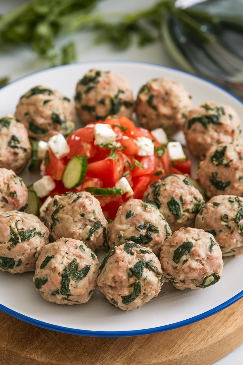 Indoor photo of small turkey meatballs flecked with spinach and feta, arranged on a plate with a side of tomato-cucumber salad. No text or logos.