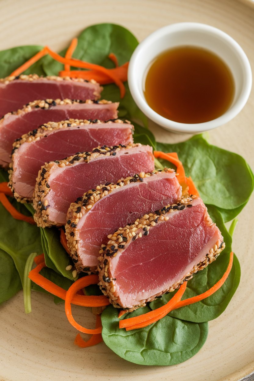 Indoor photo of thin slices of cooked ahi tuna with sesame crust, arranged over baby spinach and carrot ribbons, miso vinaigrette on the side. No text or logos.