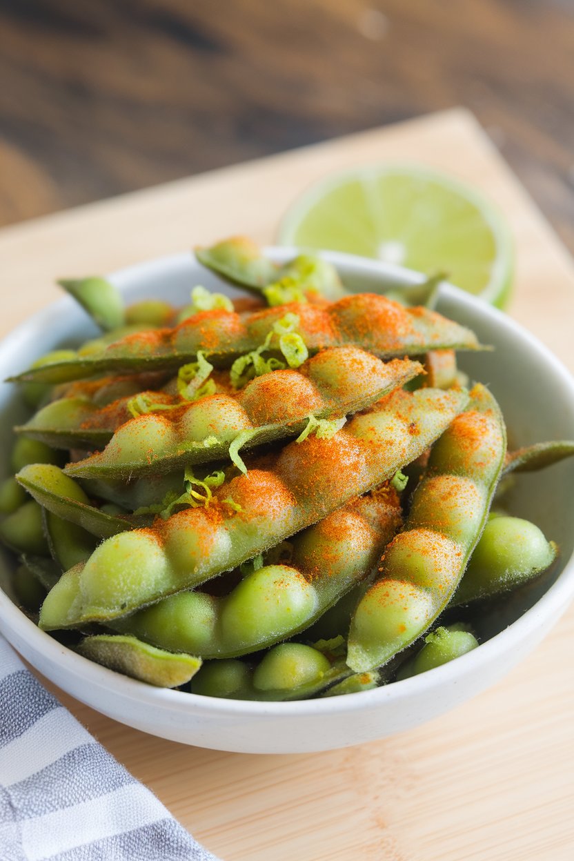 Photo prompt: Indoor bowl of steamed edamame pods dusted in chili powder and lime zest, wedge of lime on the side. No logos or text. Photo, not illustration.