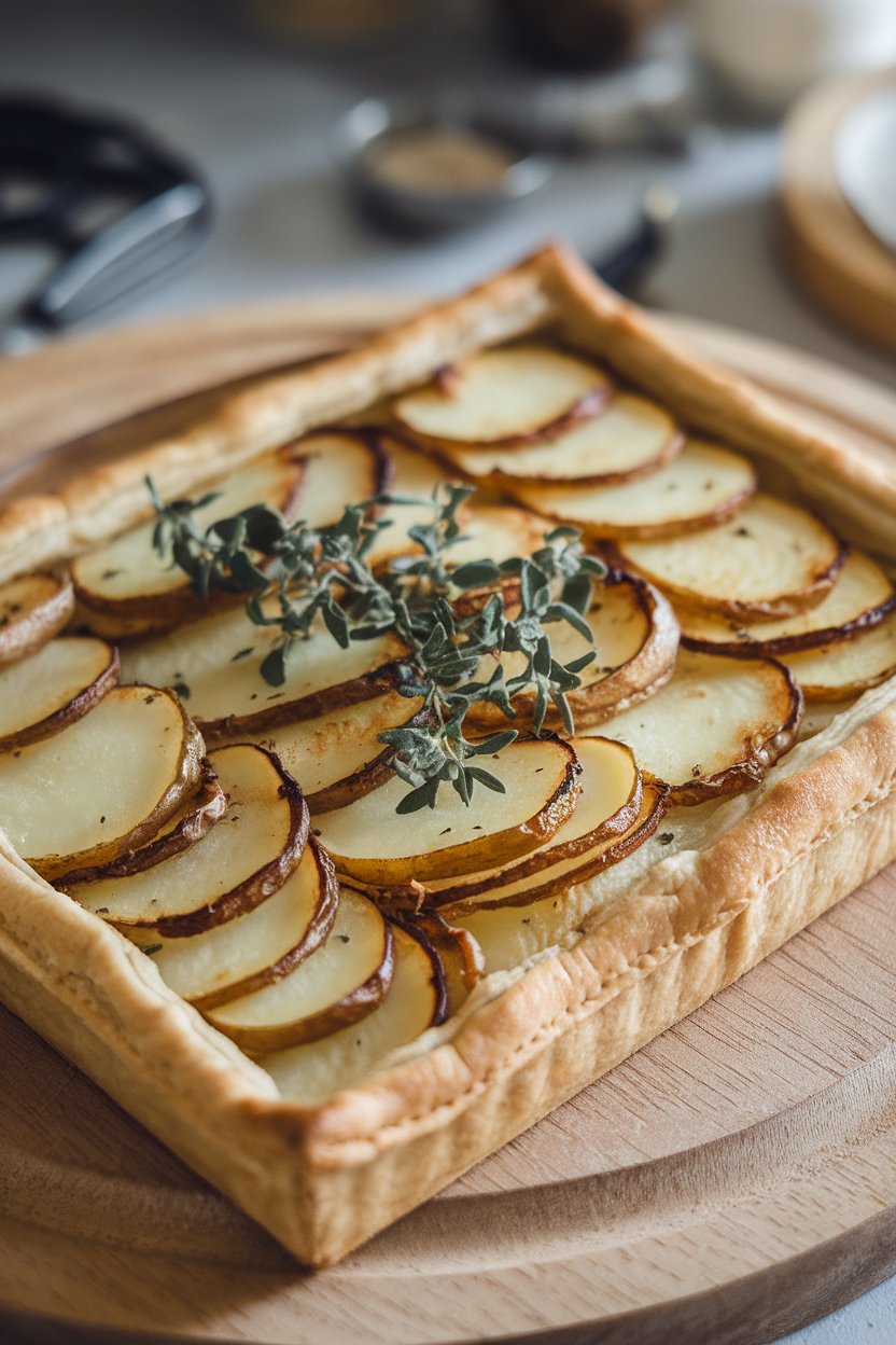 Indoor photo of rectangular puff-pastry tart with overlapping potato slices and browned onions, no text or logos