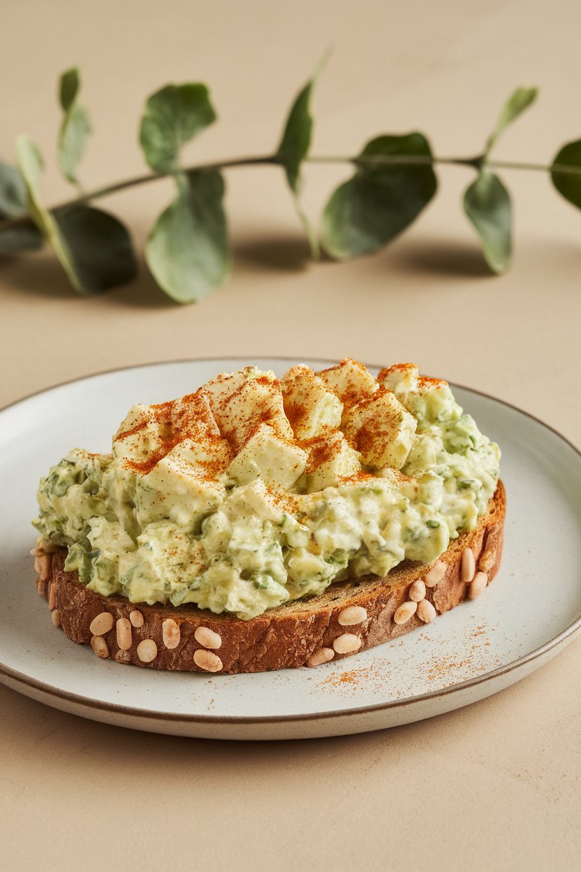 An indoor plate featuring a slice of whole-grain toast topped with creamy green egg salad and paprika dusting. No text or logos. Photo, not illustration.