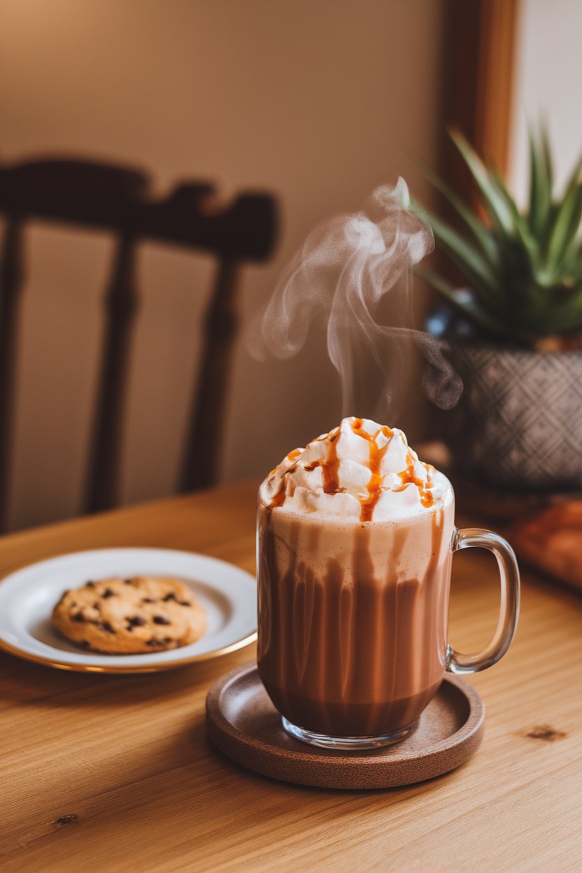 An indoor cozy scene with a mug of steaming salted caramel hot chocolate topped with whipped cream and caramel drizzle. No text or logos. Photo only.