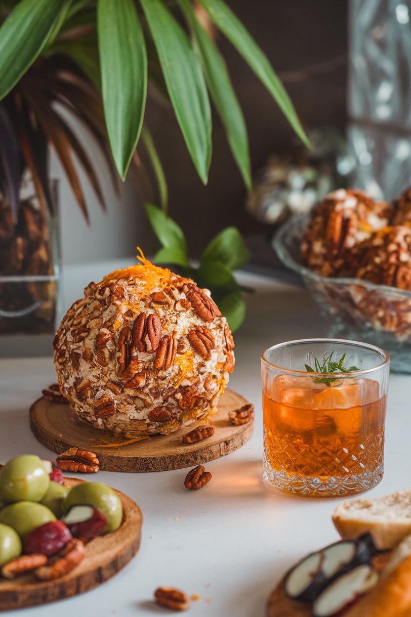 An indoor cocktail party table displaying a round cheese ball coated in crushed pecans and orange zest, with a small glass of whiskey cocktail nearby as inspiration. No text or logos visible.