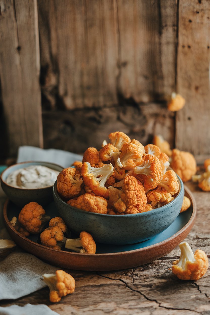 Indoor platter featuring roasted buffalo cauliflower florets beside a small bowl of ranch dip, no text or logos. Photo only.