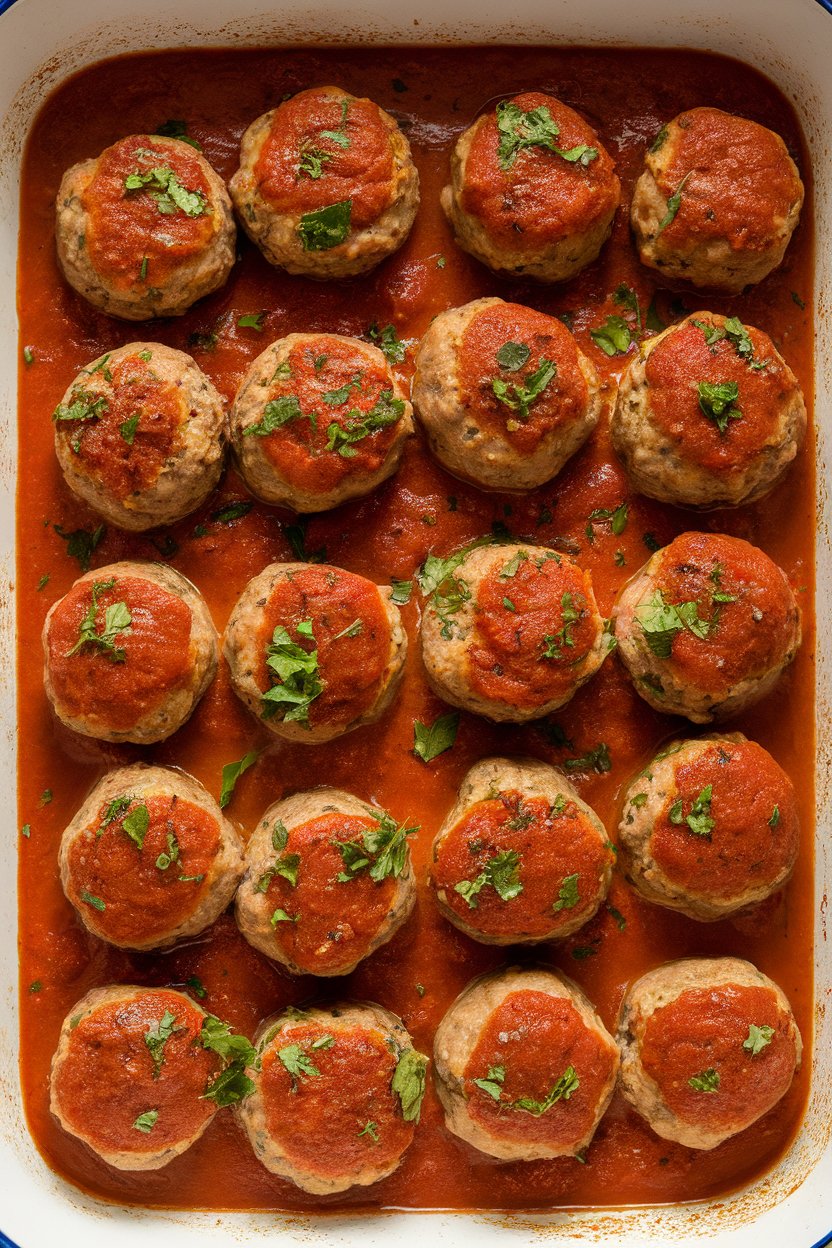 Photo of a baking dish filled with browned meatballs in tomato sauce indoors, sprinkled with parsley, no text or logos