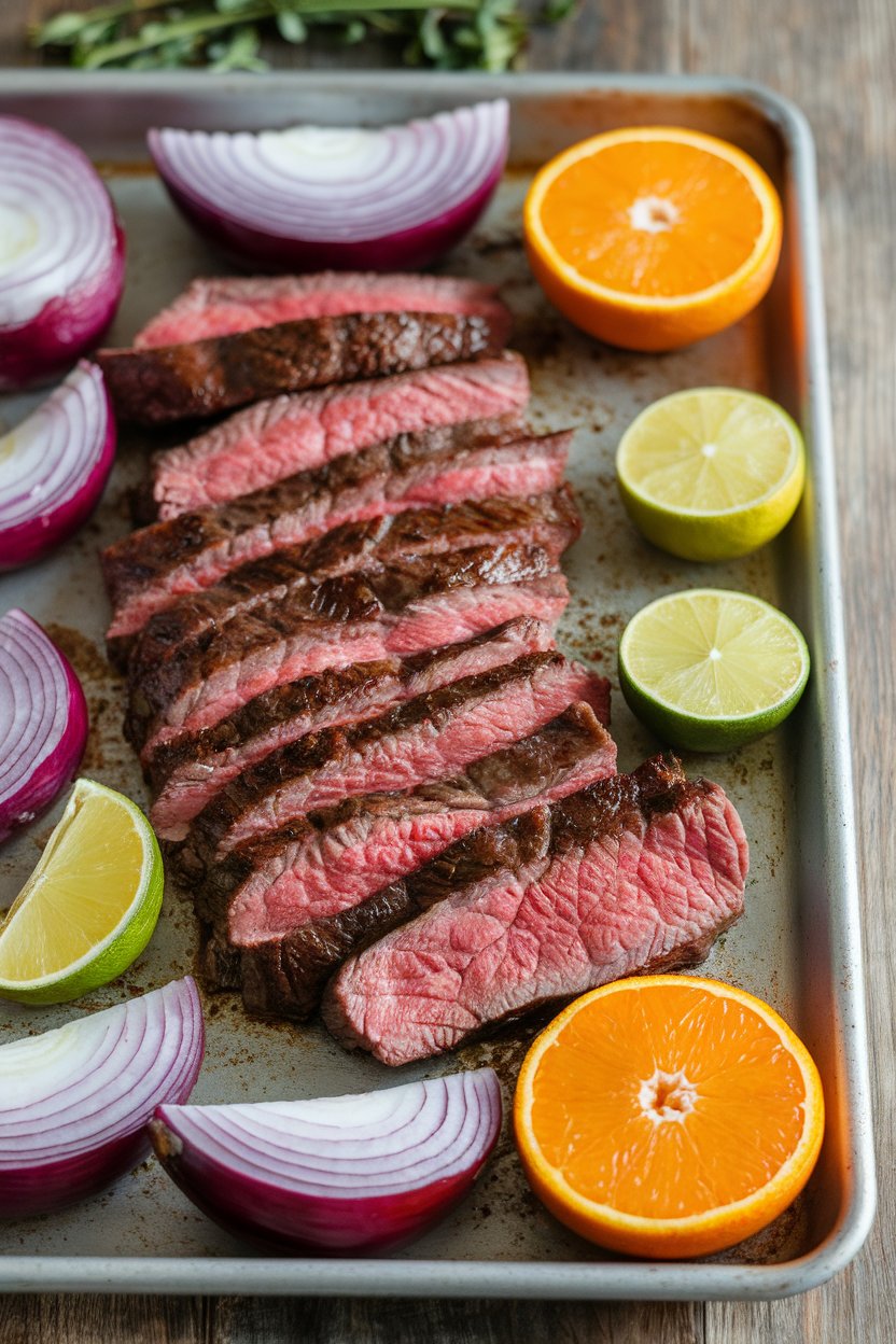 Indoor photo of a sheet pan featuring seared flank steak slices and wedges of red onion with orange and lime halves roasted alongside. No text or logos.