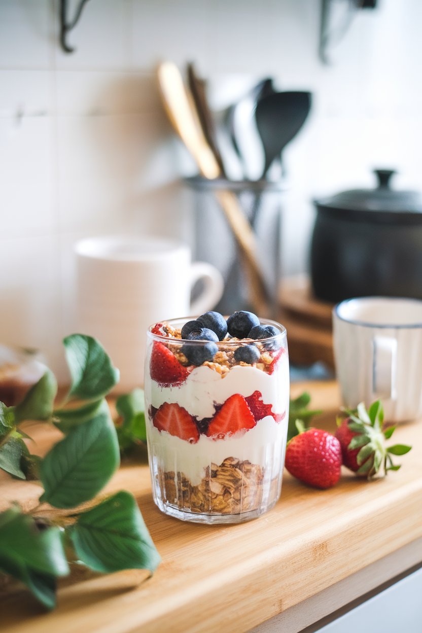 A softly lit indoor breakfast nook with a clear glass filled in layers of cottage cheese, strawberries, blueberries, and a sprinkle of granola. No text or logos anywhere.