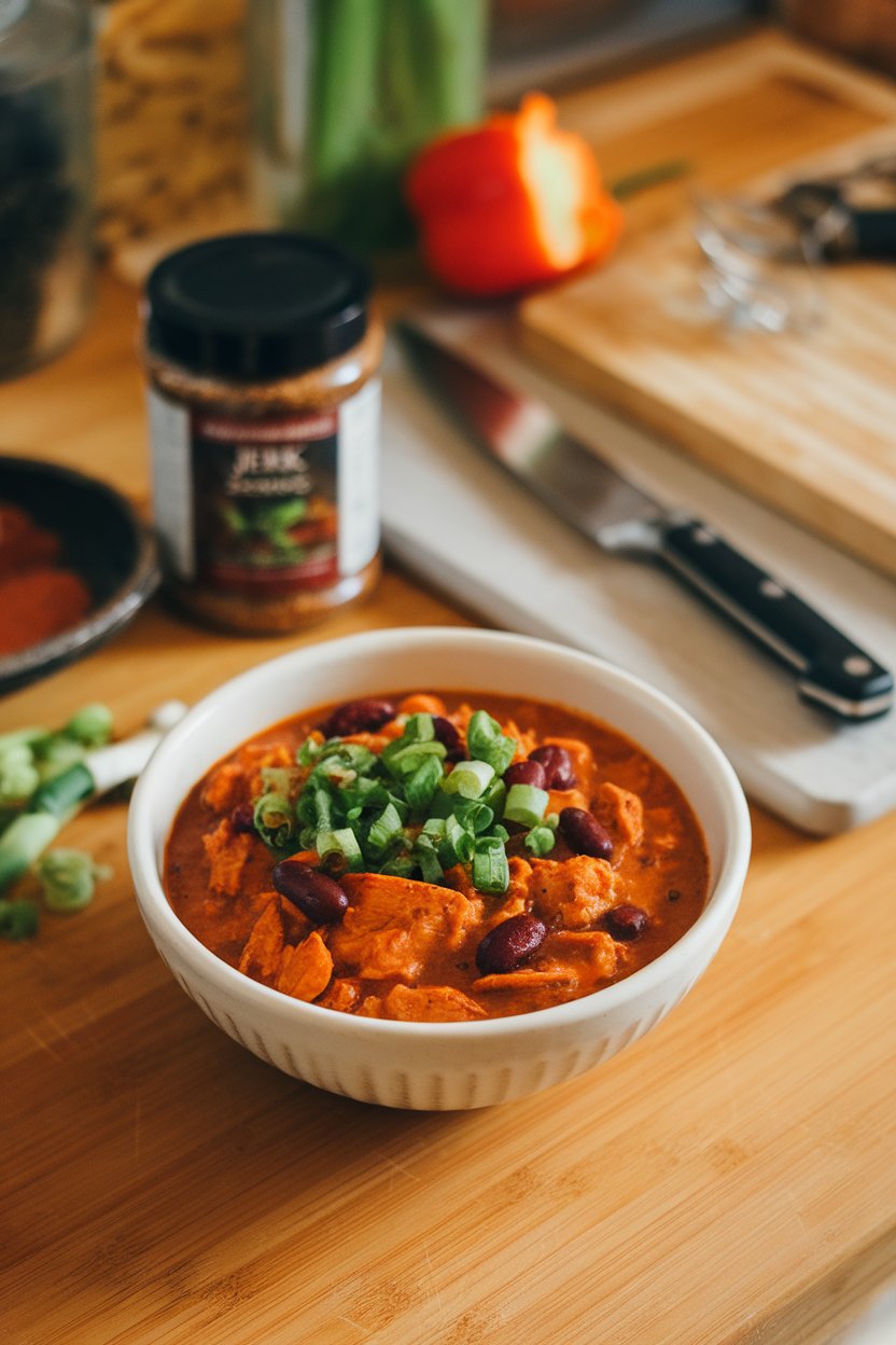 An indoor countertop displaying a bowl of jerk chicken chili with kidney beans and red bell pepper, finished with chopped scallions. No text or logos present.
